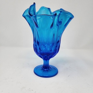 Vtg Fenton Swung Stretch Handkerchief Pedestal Thumb Print‎ Colonial Blue Vase